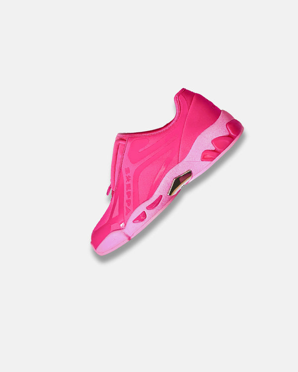 LA SXEPPA Pink shoe, side profile with the center zip and bubble sole